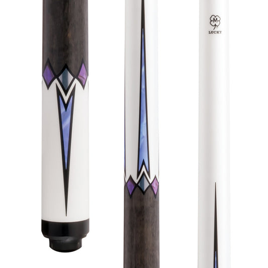 Lucky L75 Pool Cue – White Finish with Multi-Color Points, Wrapless Grey Handle, Hard Rock Maple, 3/8x10 Joint