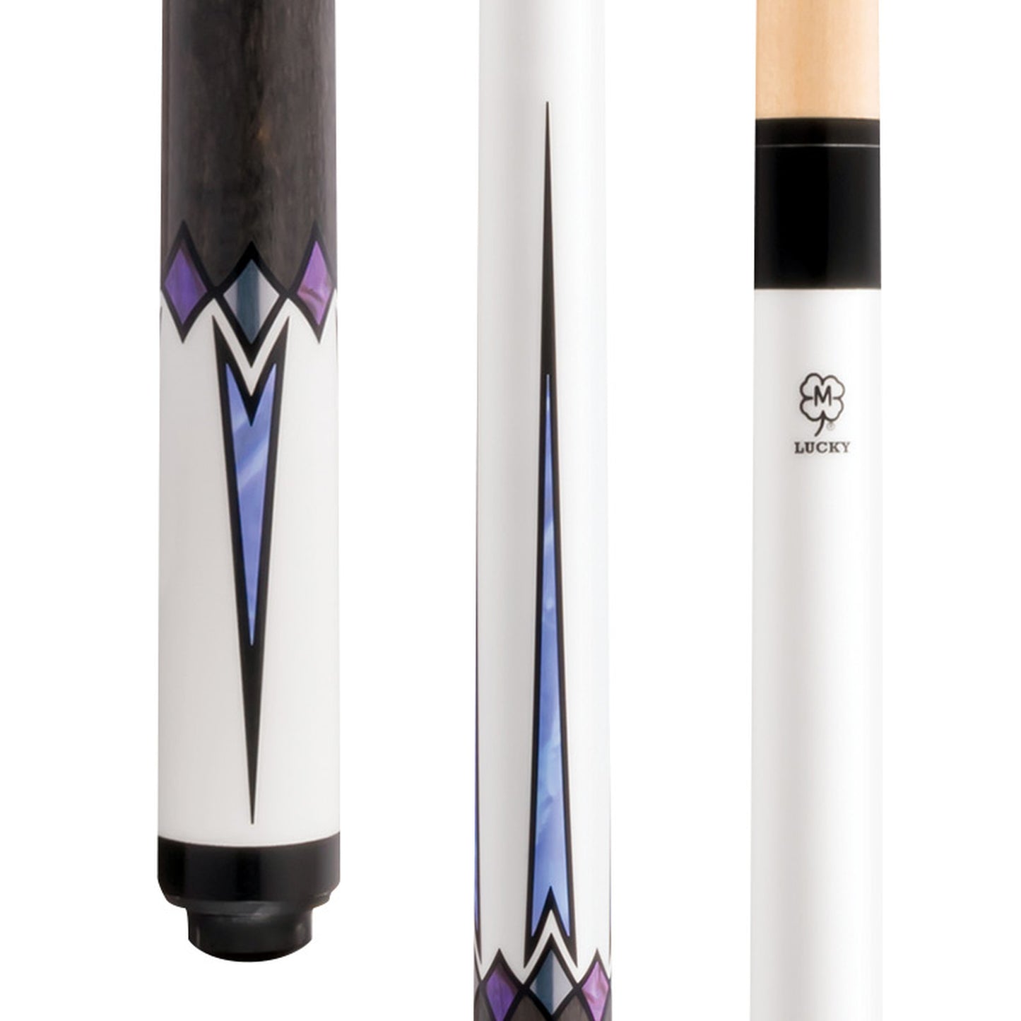McDermott Lucky L75 Pool Cue close-up. White finish, multi-color points, and a smooth, wrapless handle.