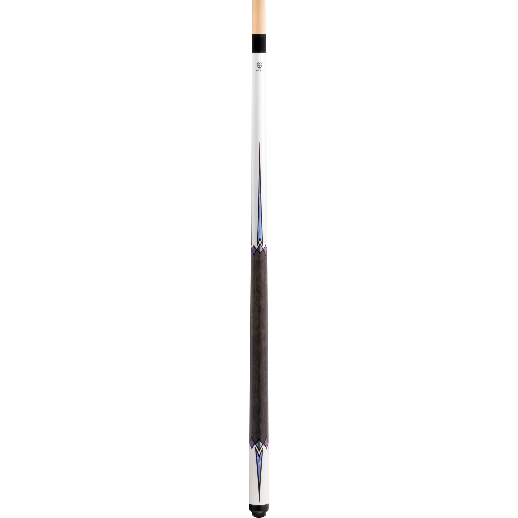 Full view of McDermott Lucky L75 Pool Cue. White finish, multi-color points, wrapless handle, 3/8x10 joint.