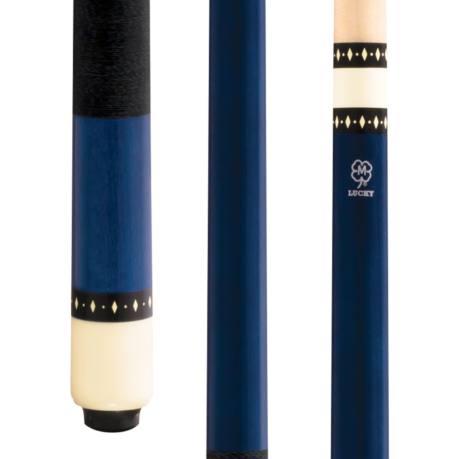 McDermott Lucky L7 Pool Cue close-up of blue stained maple butt with overlay index rings and Irish Linen wrap.