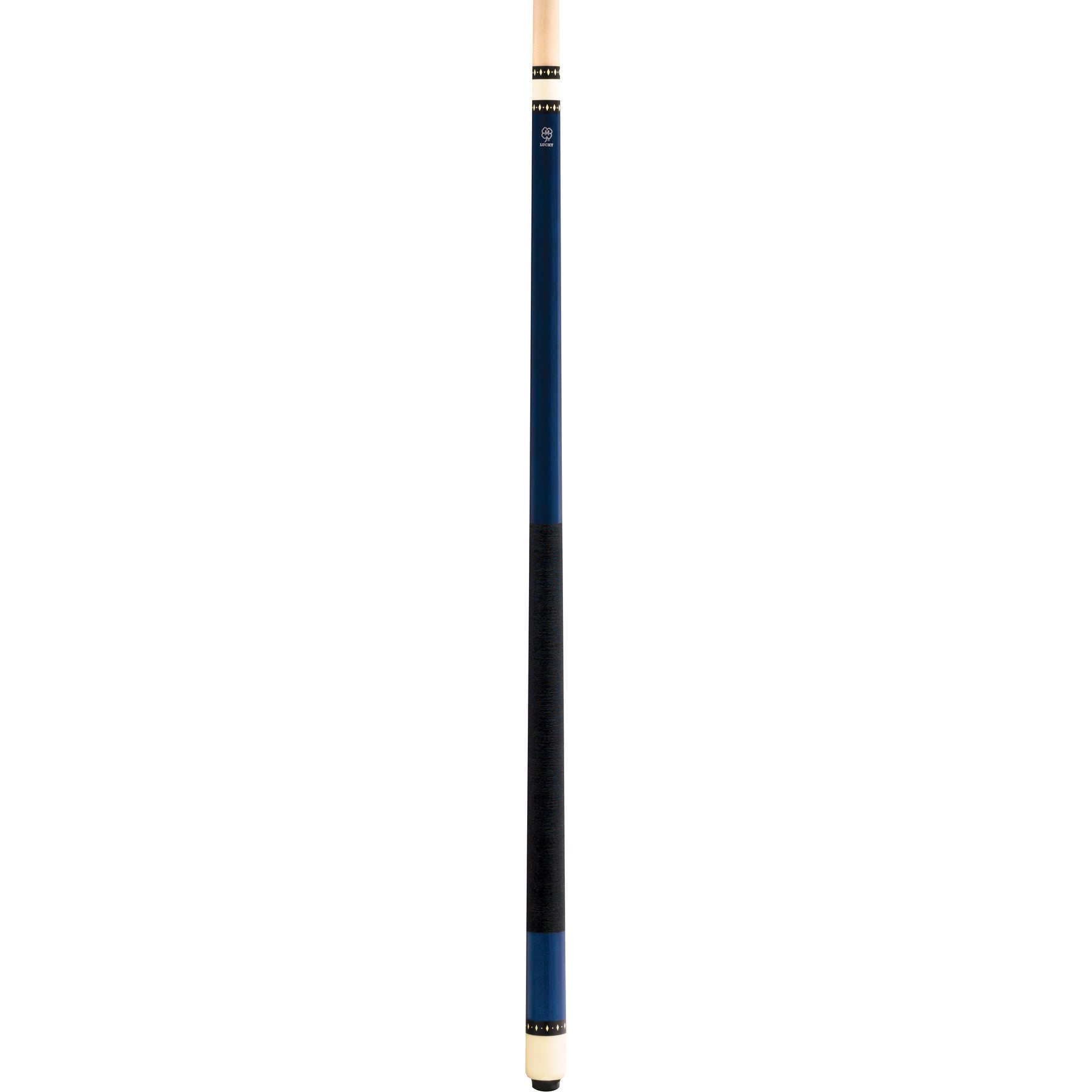Full view of the McDermott Lucky L7 Pool Cue featuring blue stained maple with overlay index rings.