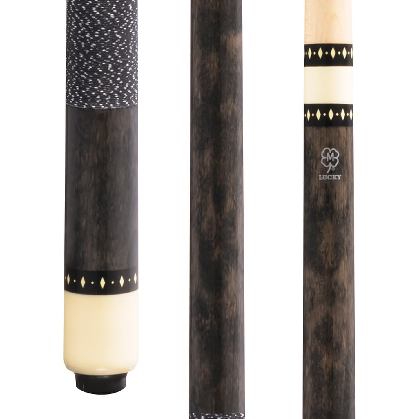 McDermott Lucky L8 pool cue close-up with grey stained maple butt, overlay index rings, and Irish Linen Wrap.