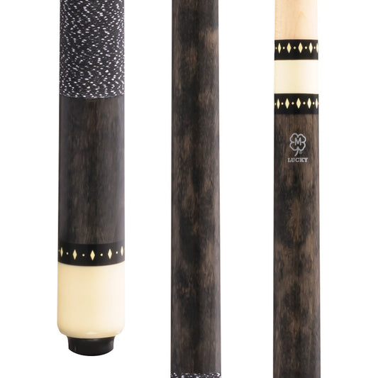 McDermott Lucky L8 pool cue close-up with grey stained maple butt, overlay index rings, and Irish Linen Wrap.