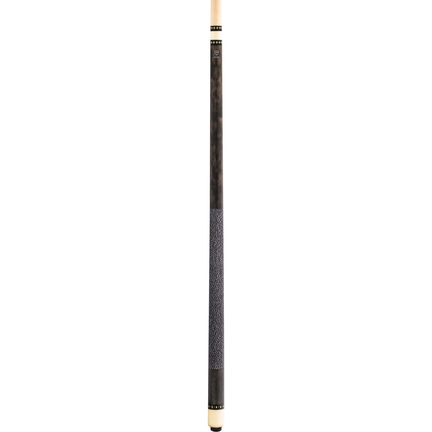 Full view of McDermott Lucky L8 pool cue, featuring grey stained maple, overlay index rings, and Irish Linen Wrap.