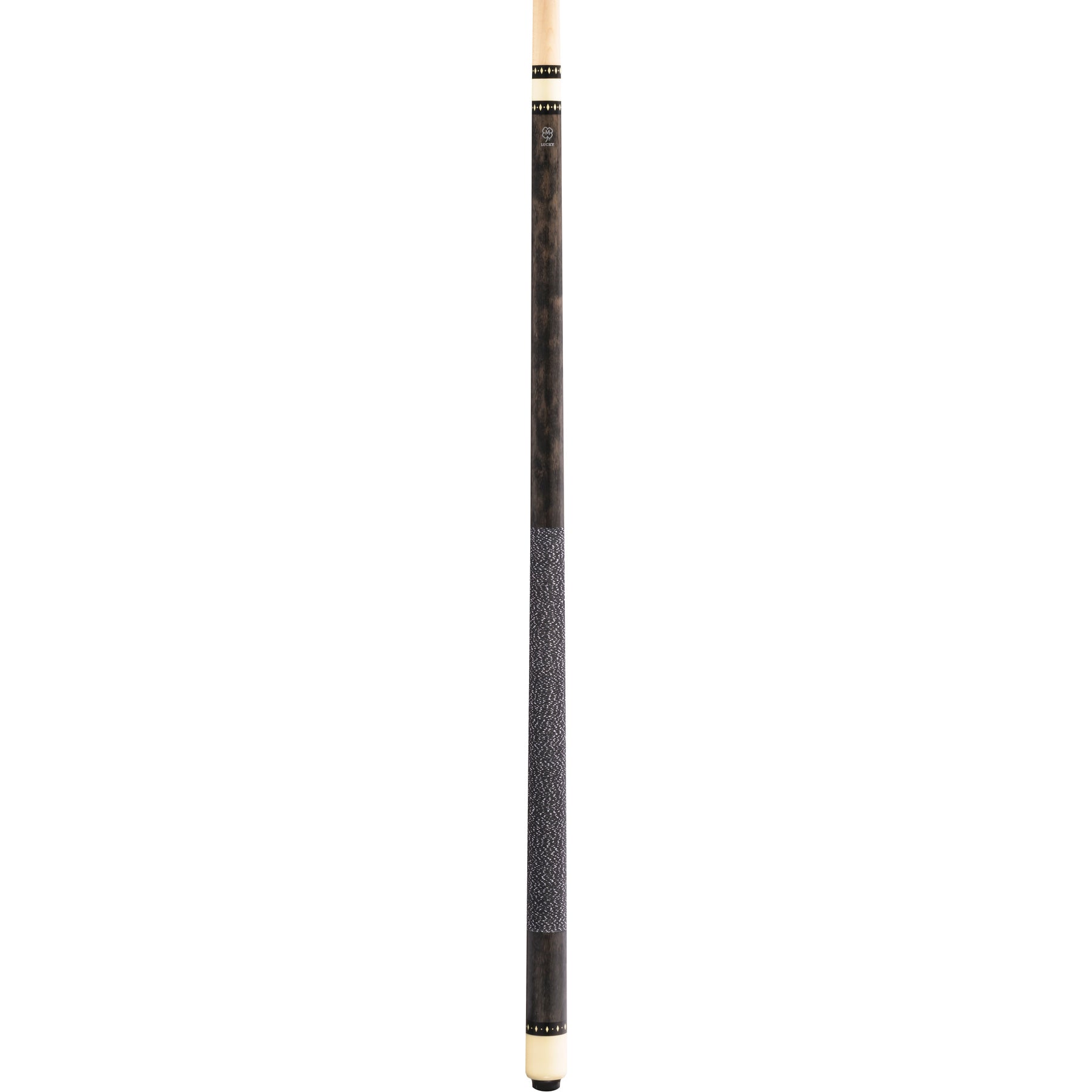 Full view of McDermott Lucky L8 pool cue, featuring grey stained maple, overlay index rings, and Irish Linen Wrap.