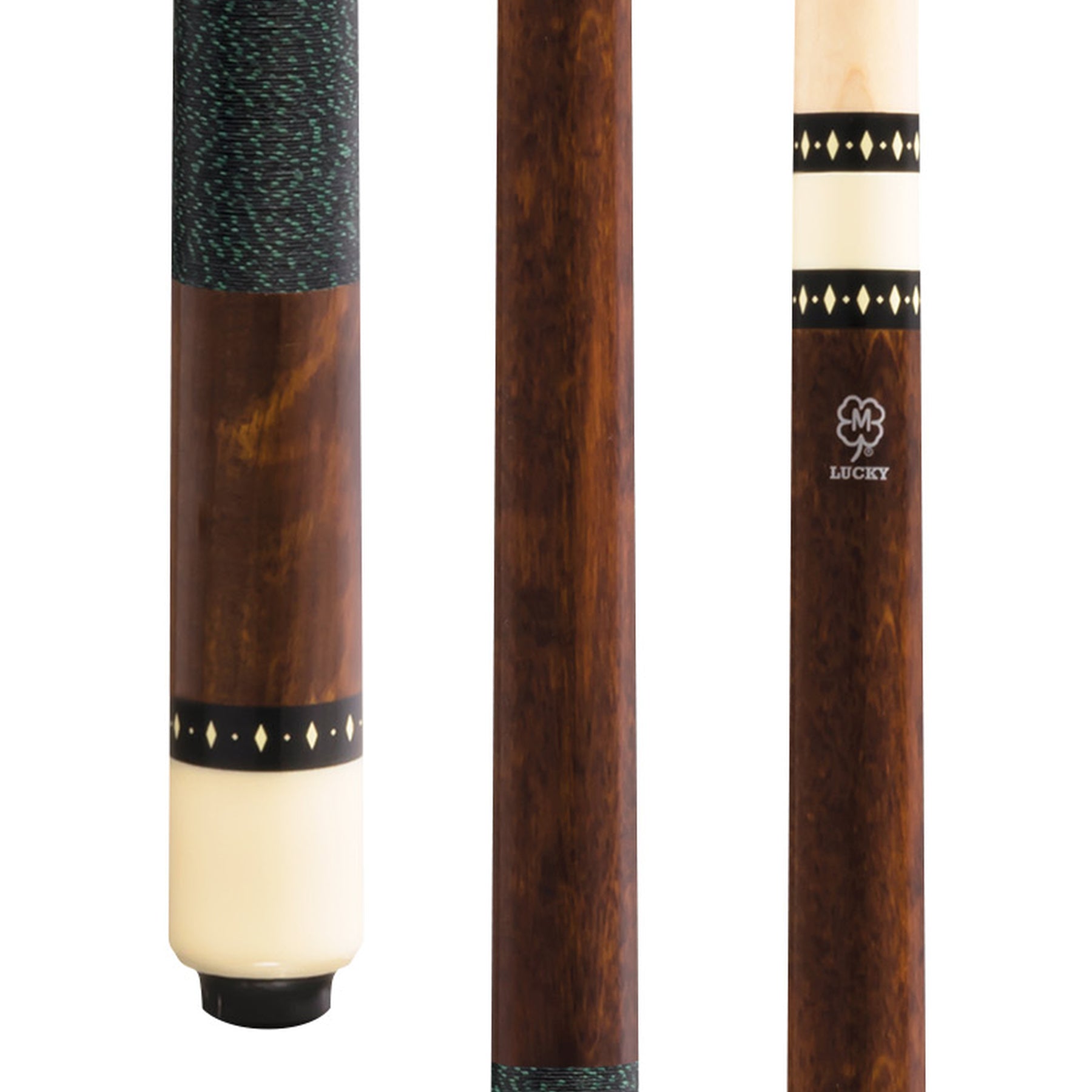 McDermott Lucky L9 Pool Cue, close-up view of cherry stained maple butt with overlay index rings and Irish linen wrap.