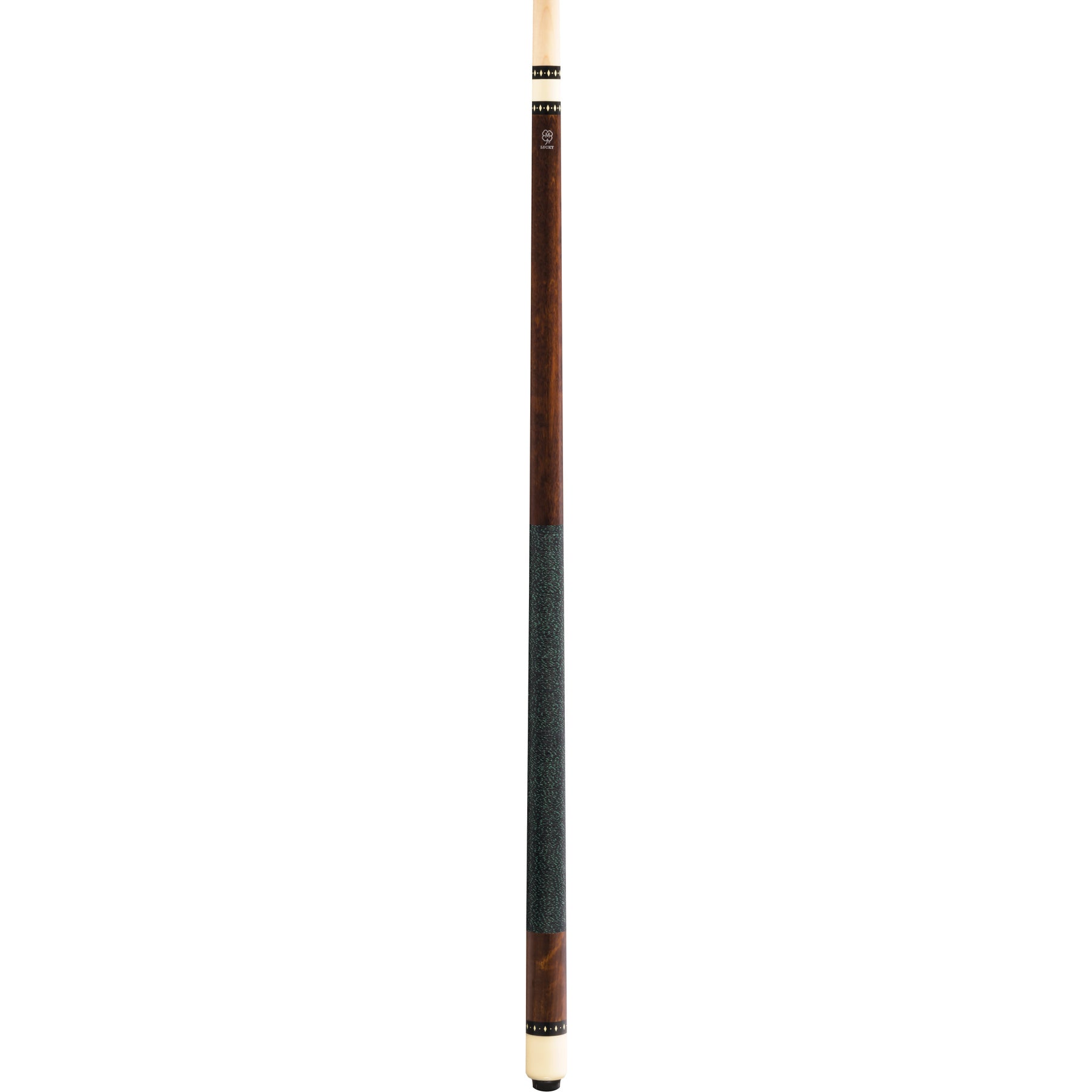 Full view of McDermott Lucky L9 Pool Cue featuring cherry stained maple finish, overlay index rings, and Irish linen wrap.