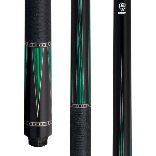 Lucky L77 Pool Cue – Black & Green Points Design, Irish Linen Wrap, Hard Rock Maple, 3/8x10 Joint