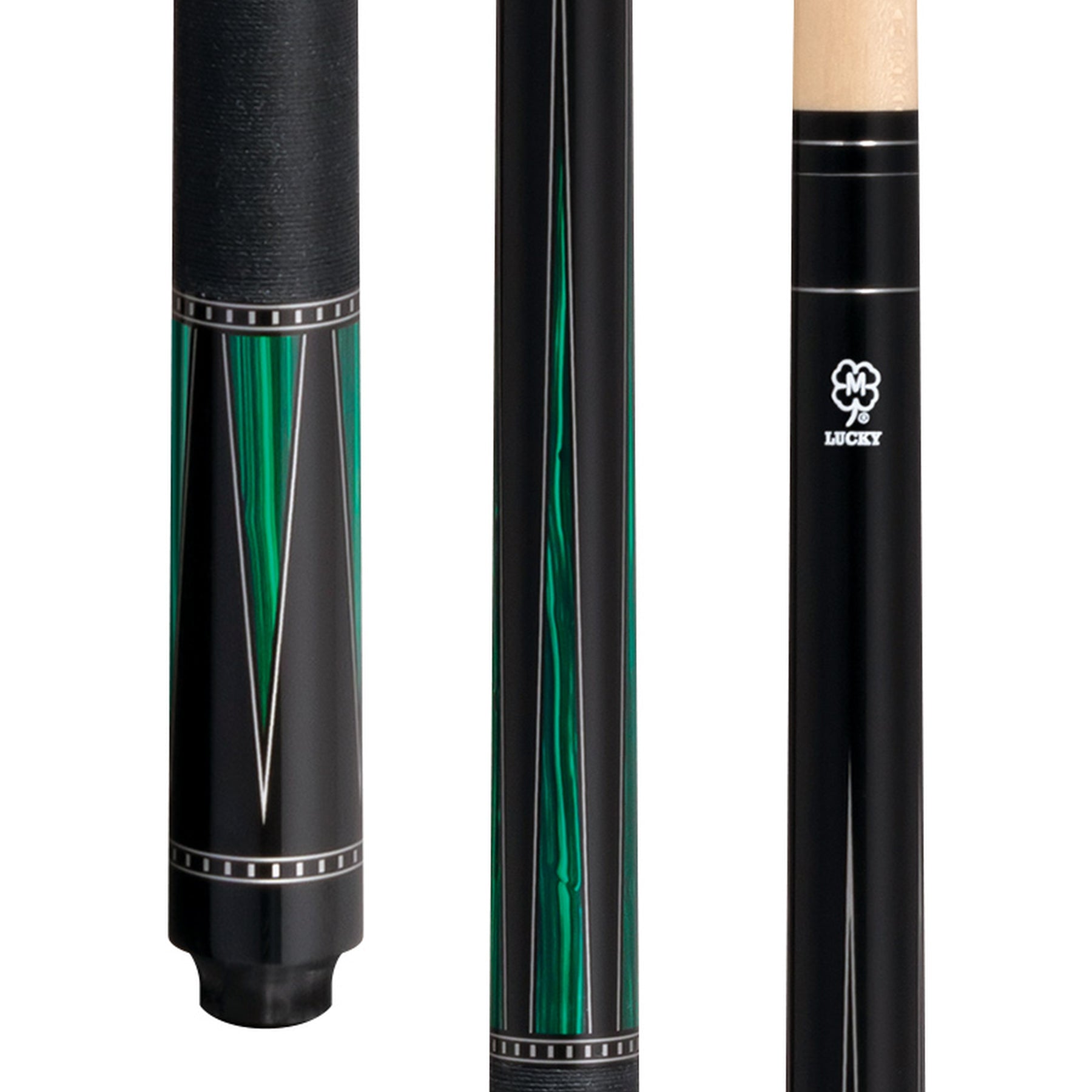 McDermott Lucky L77 pool cue close-up with black and metallic green point graphics, silver rings, and Irish linen wrap.