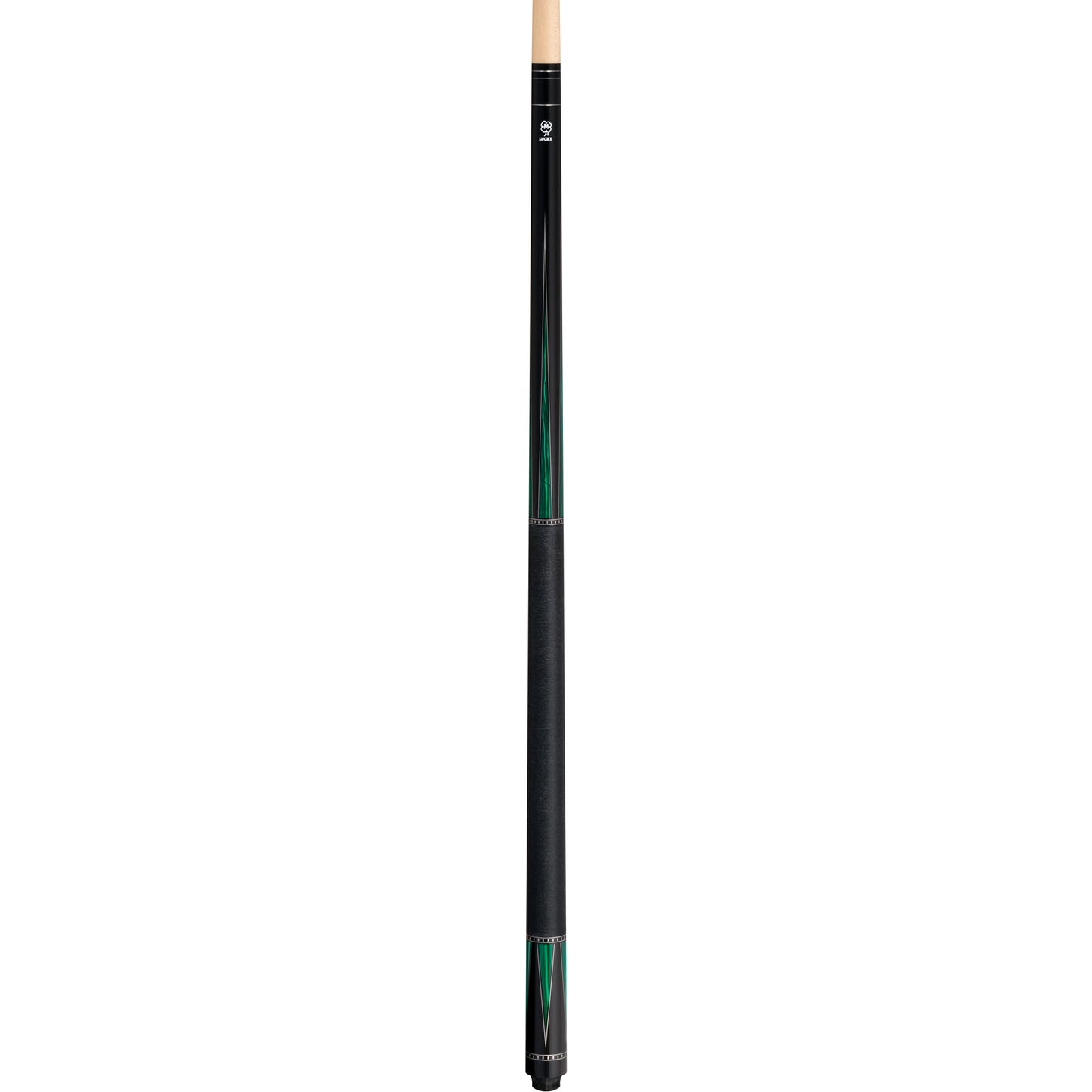 Full McDermott Lucky L77 pool cue featuring black and metallic green point design, silver rings, and Irish linen wrap.