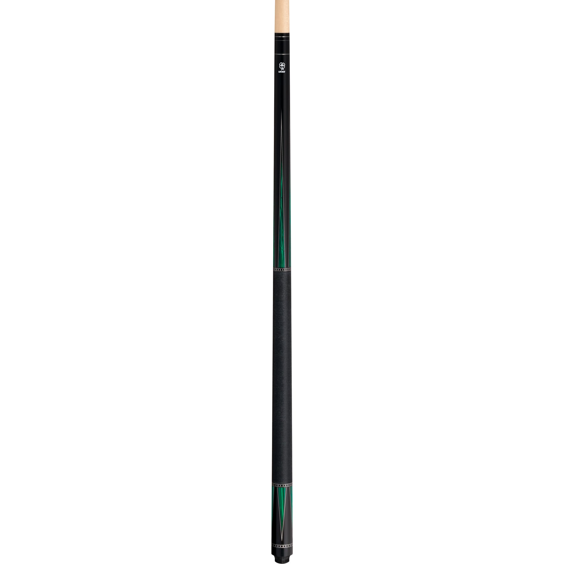 Full McDermott Lucky L77 pool cue featuring black and metallic green point design, silver rings, and Irish linen wrap.