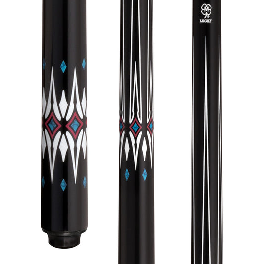 Lucky L78 Pool Cue – Black with Blue & White Graphic Design, Wrapless Handle, Hard Rock Maple, 3/8x10 Joint