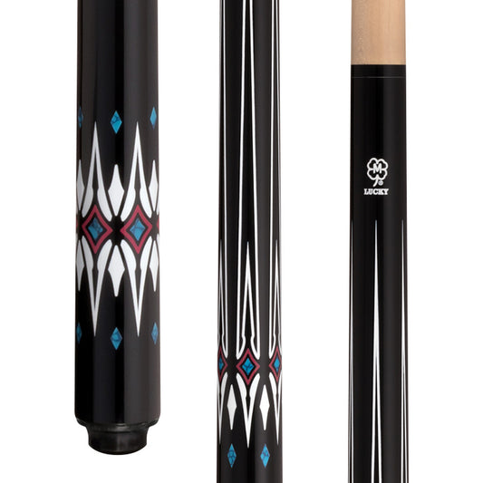 McDermott Lucky L78 pool cue close-up showing black finish, blue and white graphic overlays, and no-wrap handle.