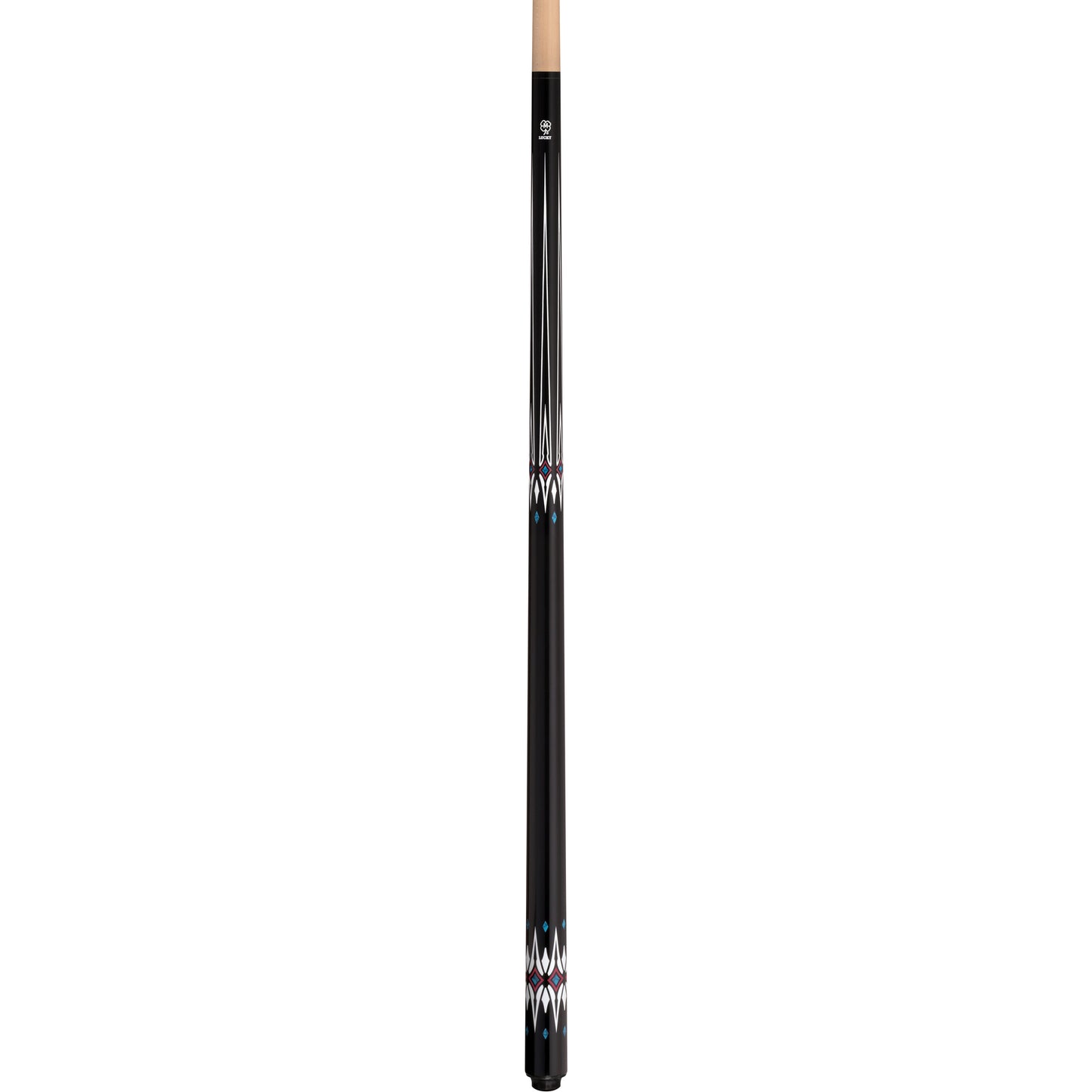 McDermott Lucky L78 pool cue, full view. Features black finish with blue and white graphic overlays and a wrapless handle.
