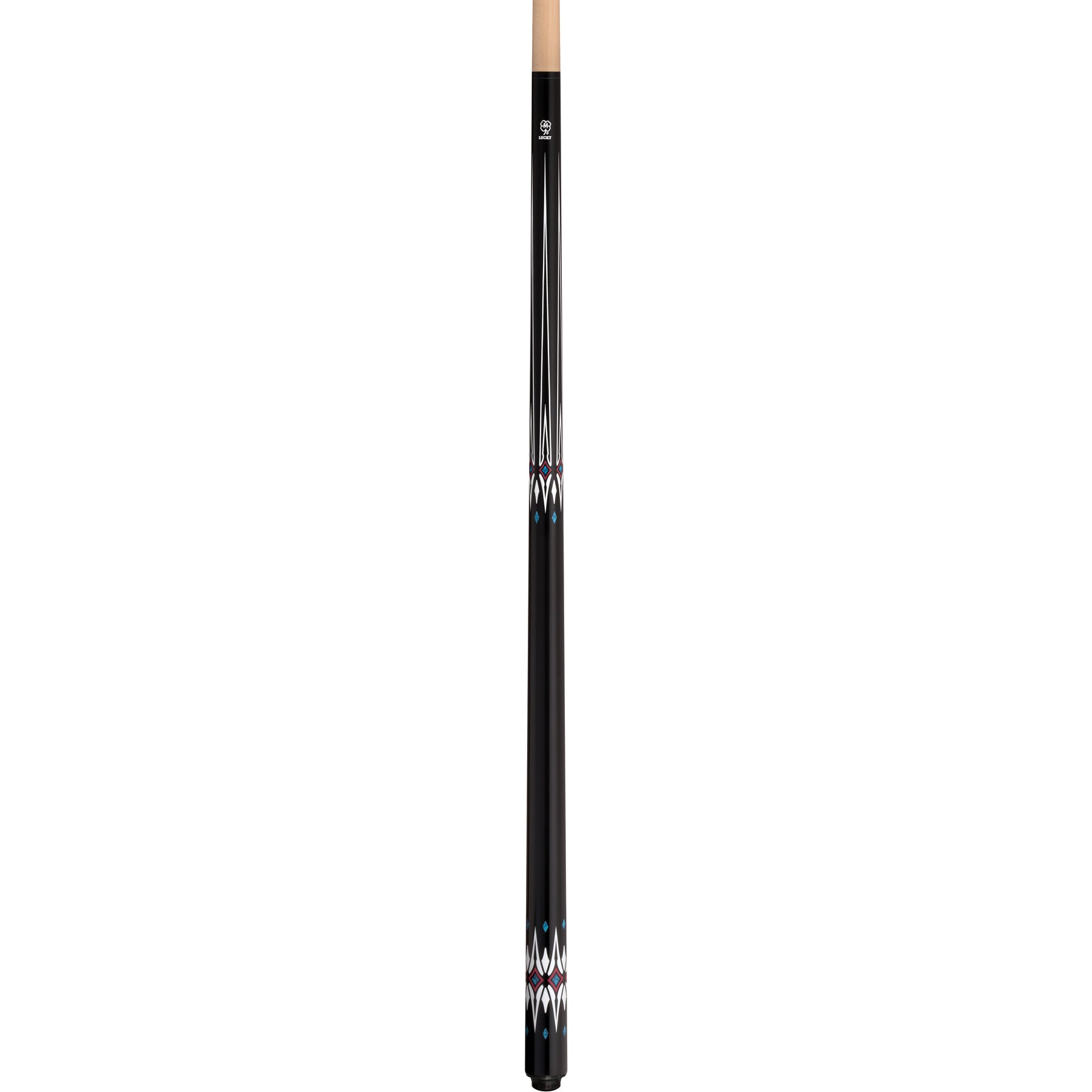 McDermott Lucky L78 pool cue, full view. Features black finish with blue and white graphic overlays and a wrapless handle.