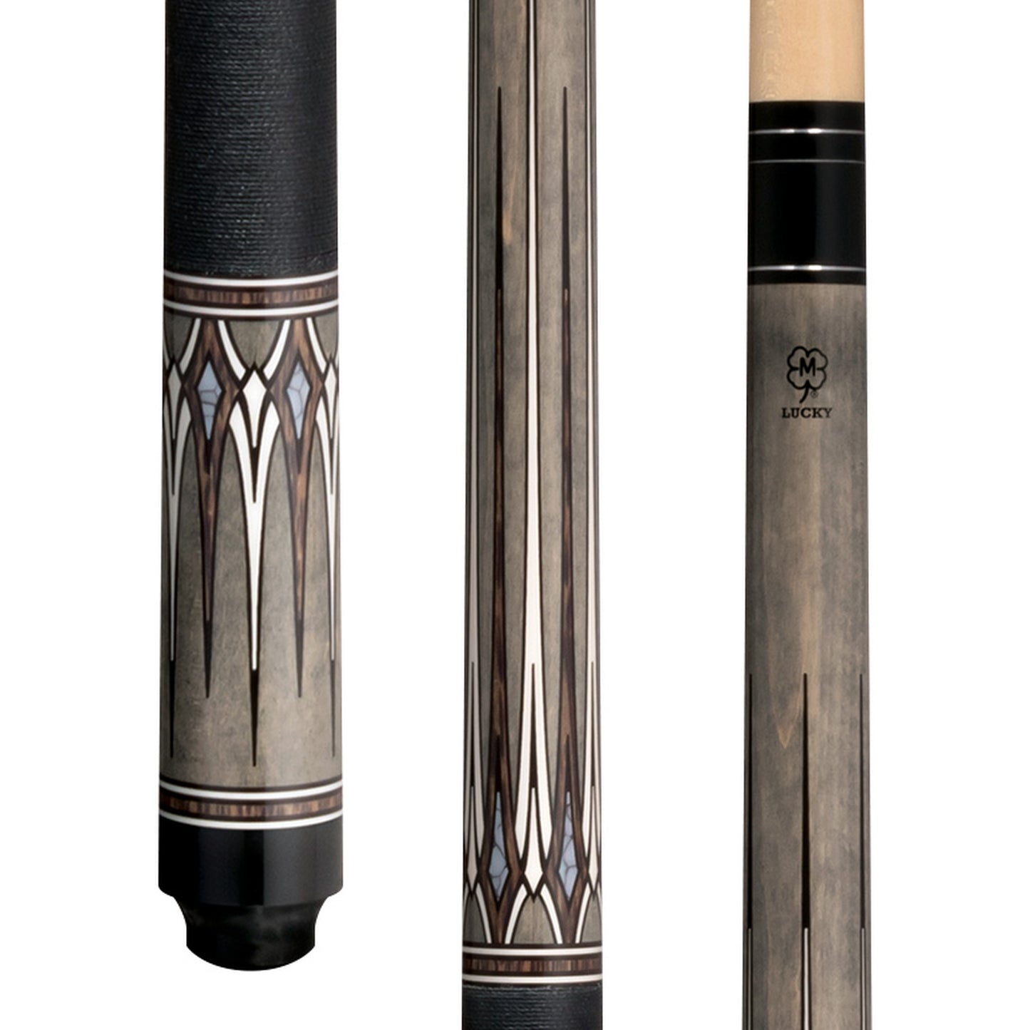 McDermott Lucky L79 Pool Cue. Close-up of grey graphic overlay design and Irish linen wrap.