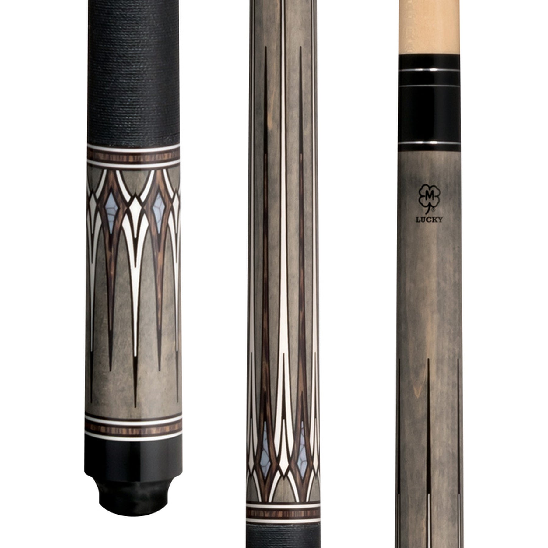 McDermott Lucky L79 Pool Cue. Close-up of grey graphic overlay design and Irish linen wrap.
