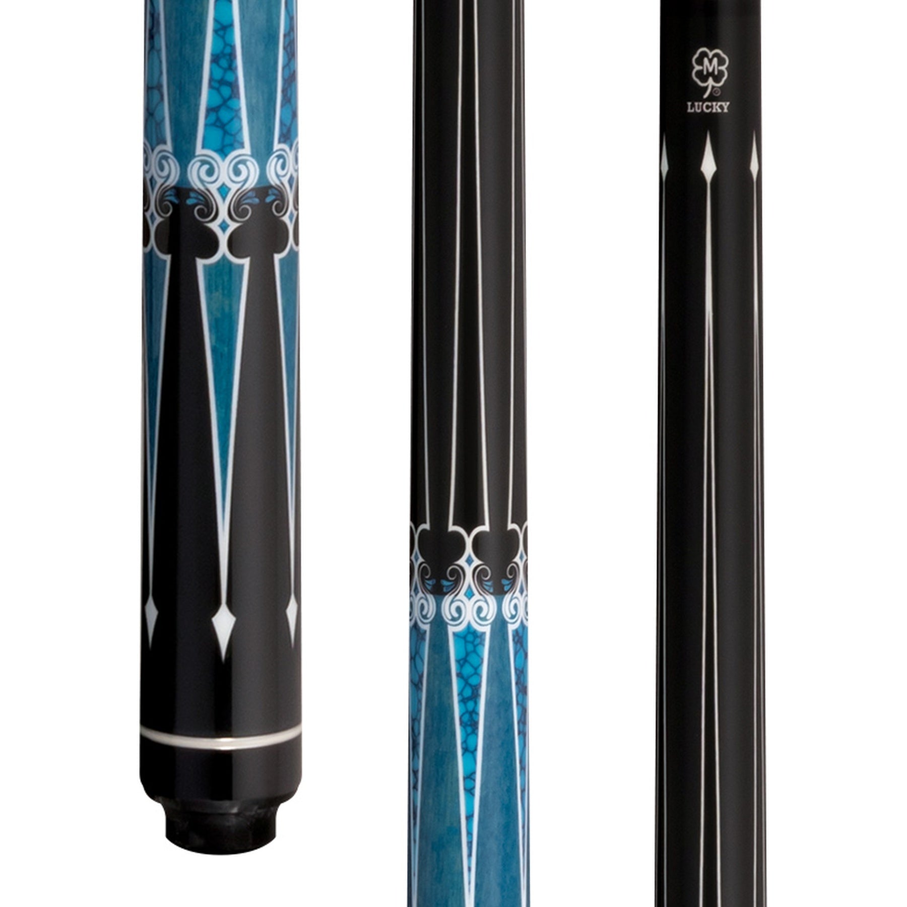 McDermott Lucky L80 Pool Cue close-up: black forearm, blue and white graphic overlay, blue stained wrapless handle.