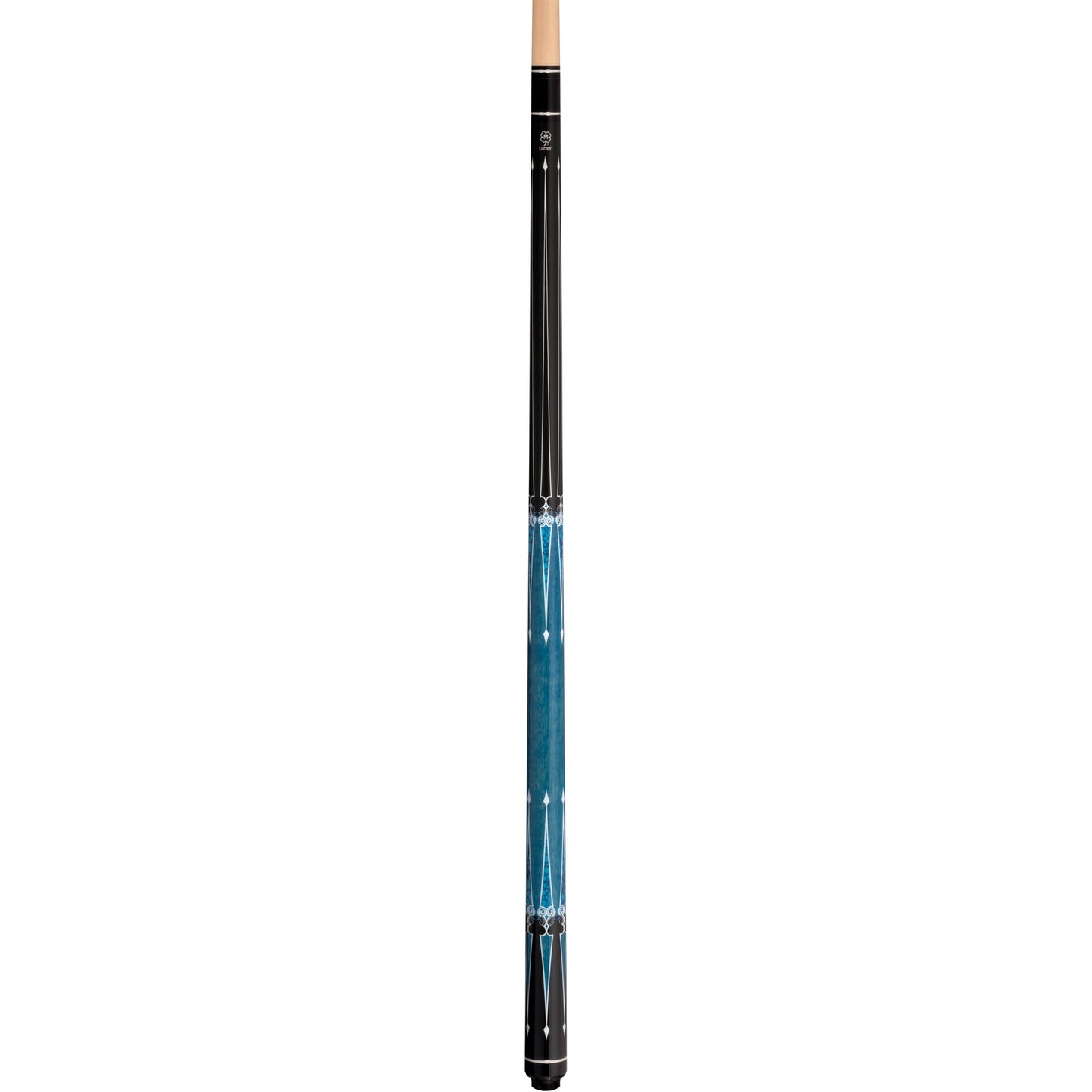 Full-length McDermott Lucky L80 Pool Cue: black forearm, blue graphic overlay, blue stained wrapless handle.