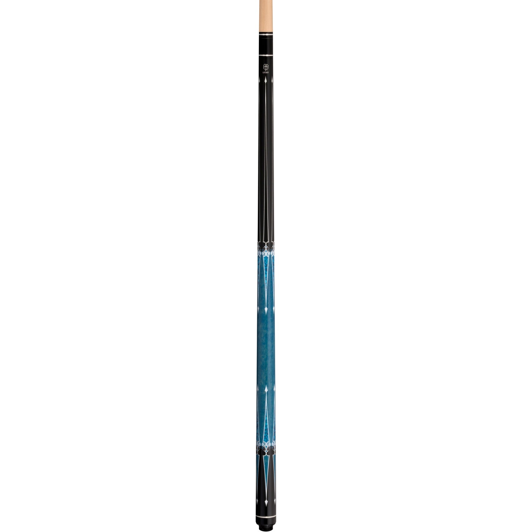 Full-length McDermott Lucky L80 Pool Cue: black forearm, blue graphic overlay, blue stained wrapless handle.
