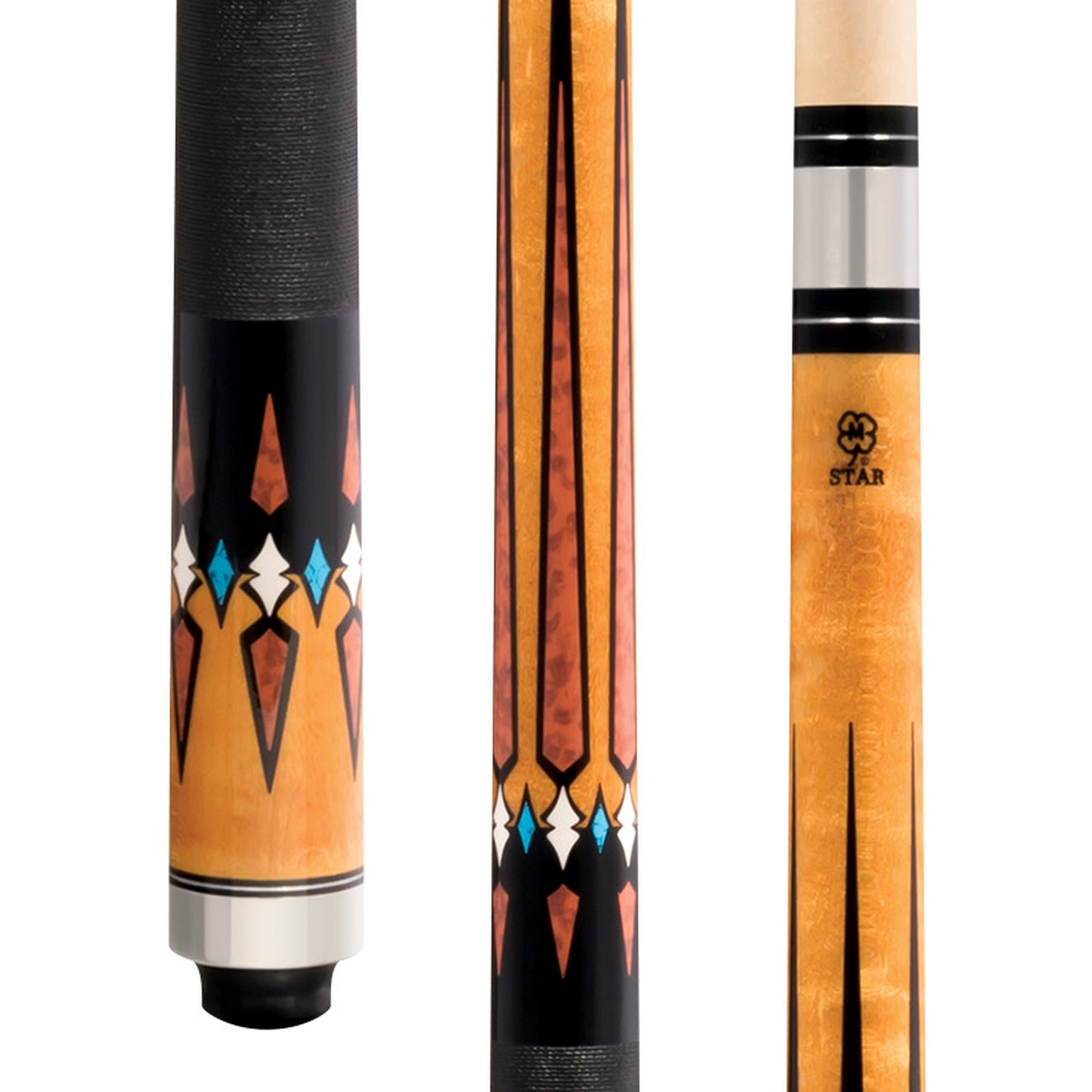 McDermott Star S11 pool cue with honey stained birdseye maple, multi-color overlay points, and Irish linen wrap.