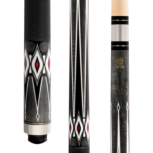 Star S pool cue butt with grey stain and red diamond graphic design. The
