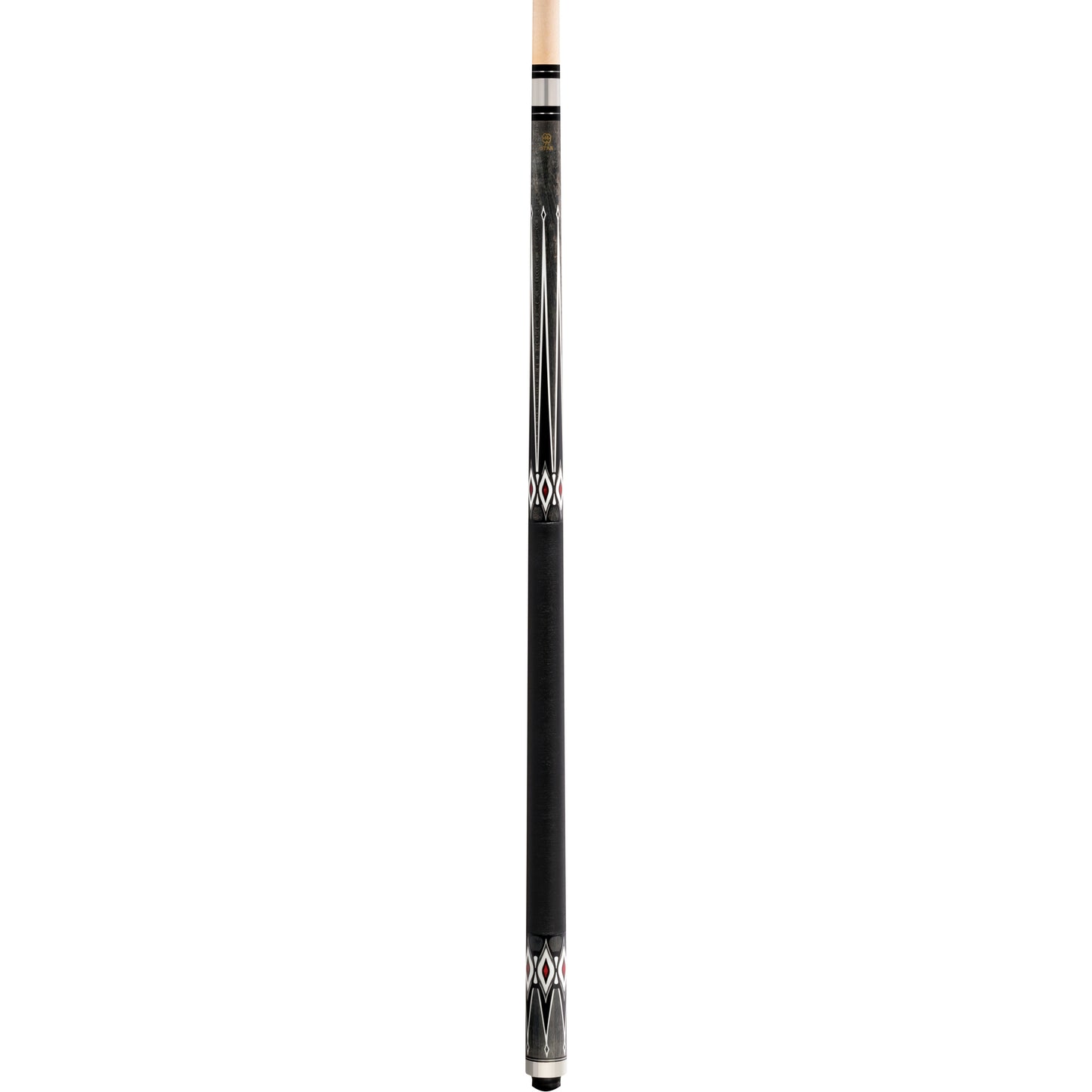 Full view of a S pool cue with black Irish linen wrap and grey