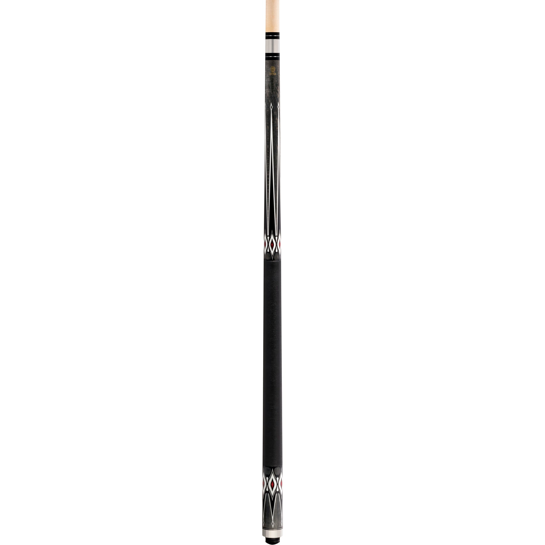 Full view of a S pool cue with black Irish linen wrap and grey