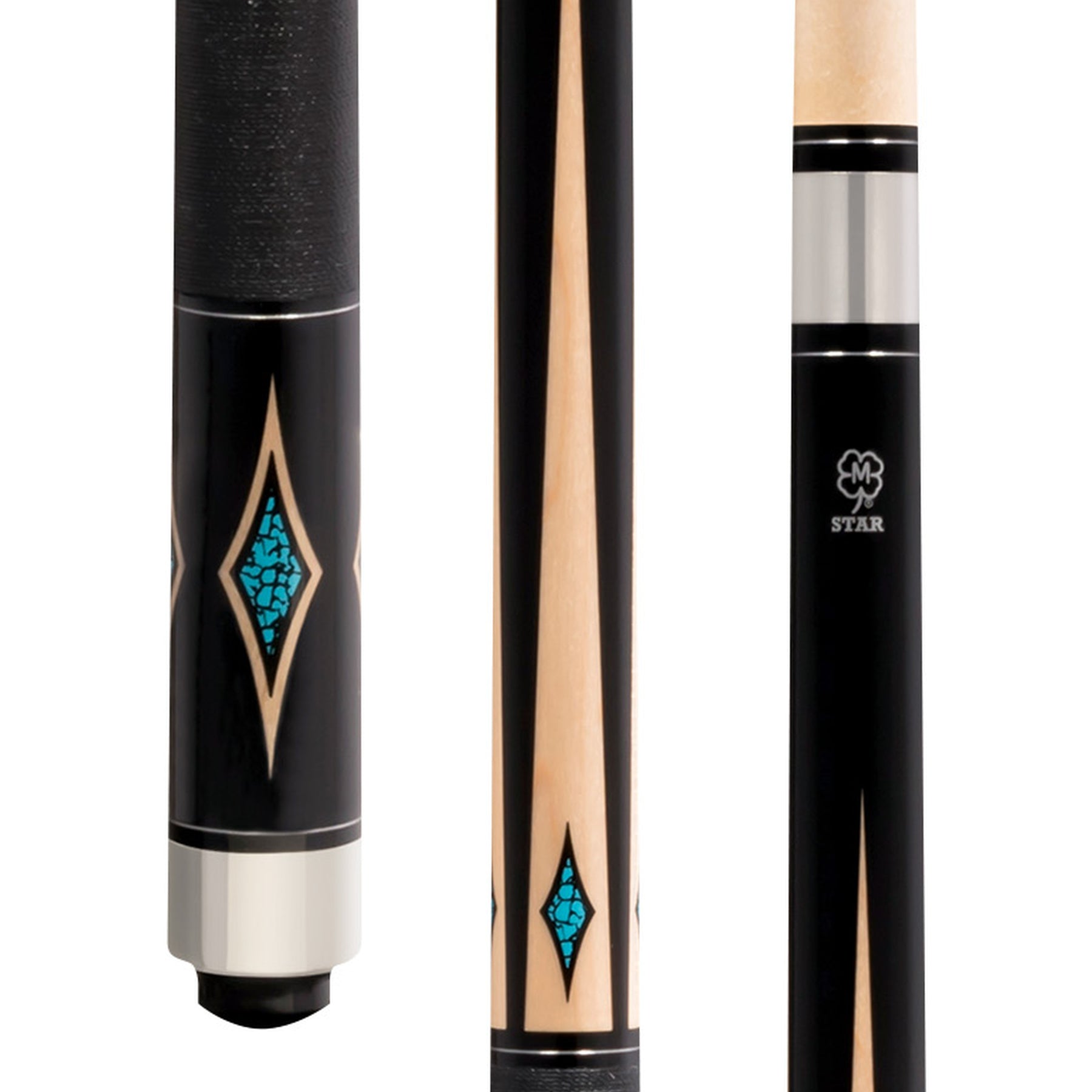 Star pool cue butt, shaft section with points, and joint collar. STAR-S