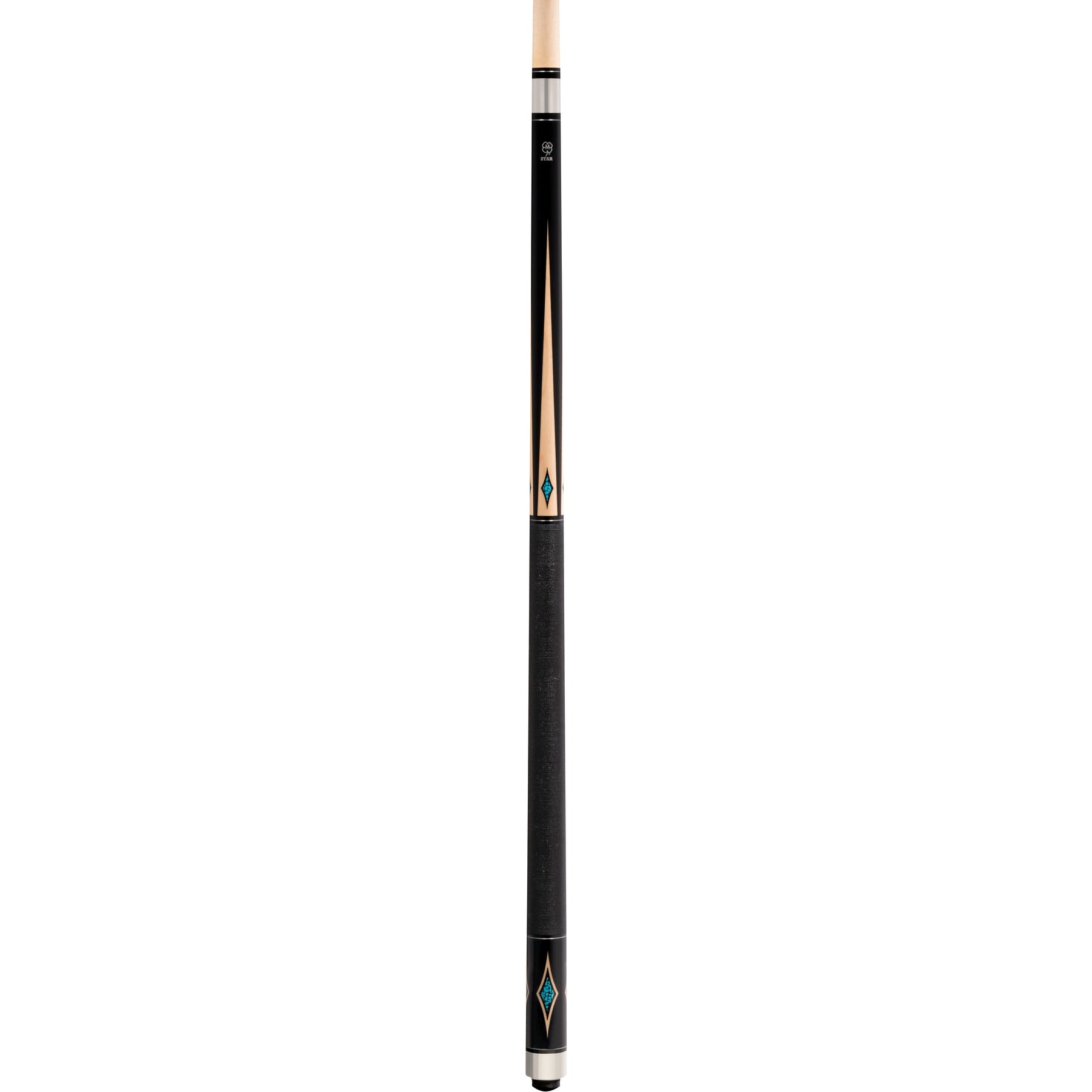 Full view of a black pool cue with turquoise inlay diamond designs.