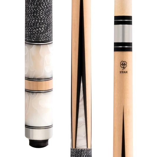 Star S pool cue with white pearl graphic design and overlay points. STAR-S