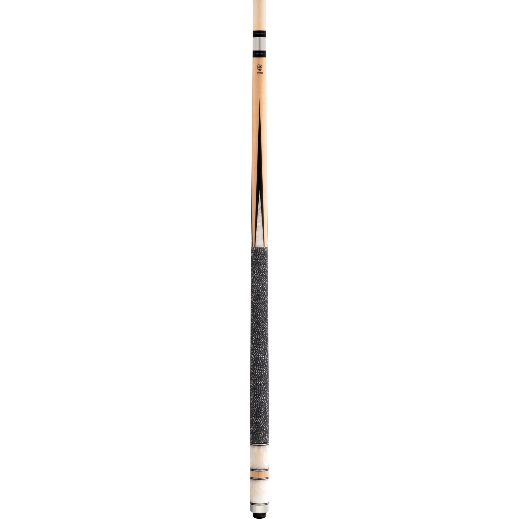 Full view of a pool cue featuring a textured wrap and ringed accents.