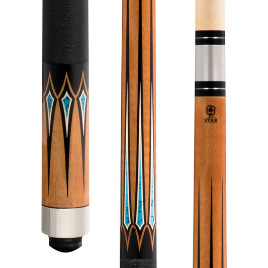Full view of a honey stained maple pool cue with multi-color overlay points and an Irish linen wrap.