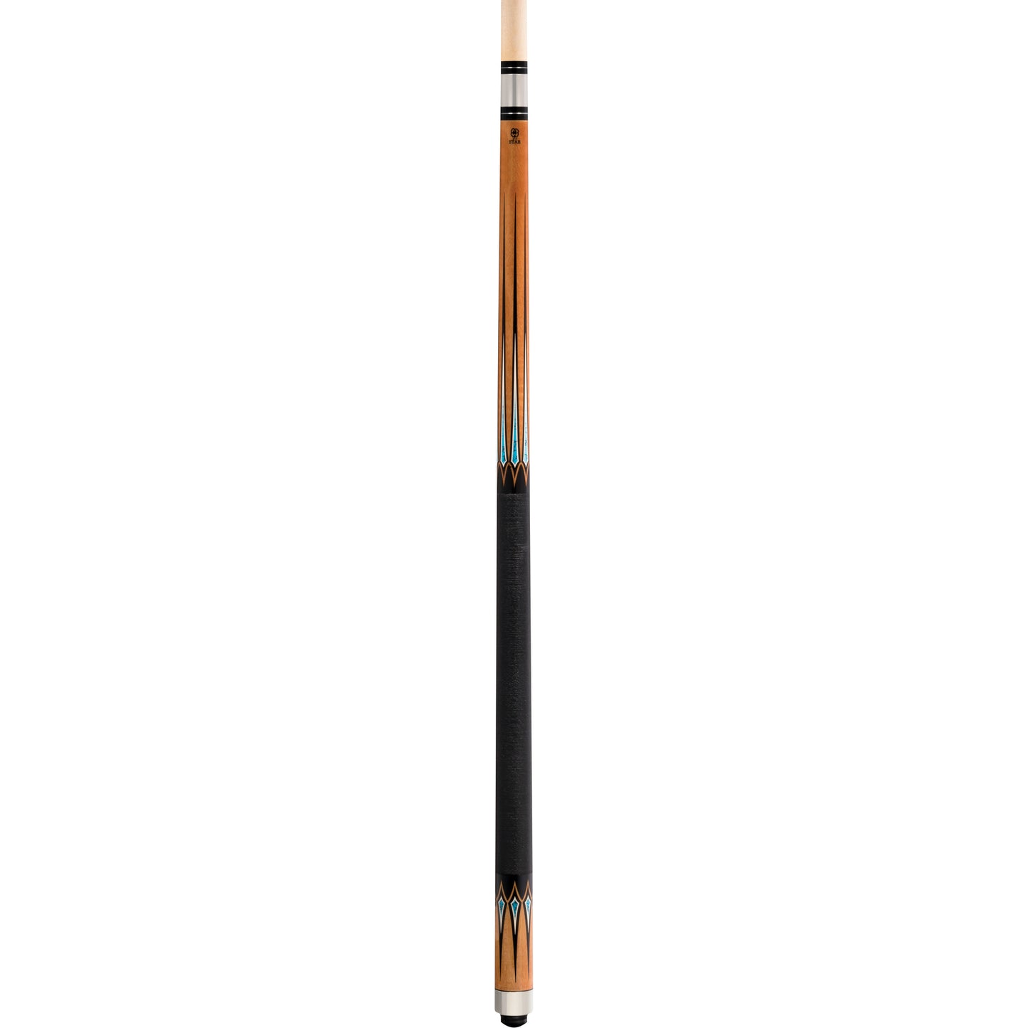 Close-up of the mid-section of the honey stained maple pool cue, highlighting the multi-color overlay points and Irish linen wrap.