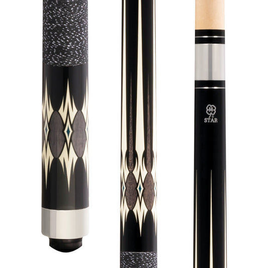 McDermott Star S51 pool cue with dark grey stained maple, high-contrast overlay points, and Irish linen wrap.