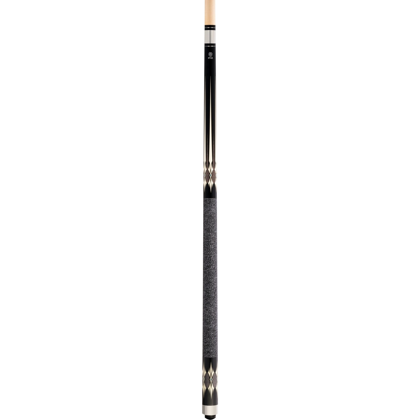 McDermott Star S51 pool cue showing cream, black, and dark wood-tone overlay points above the Irish linen wrap.