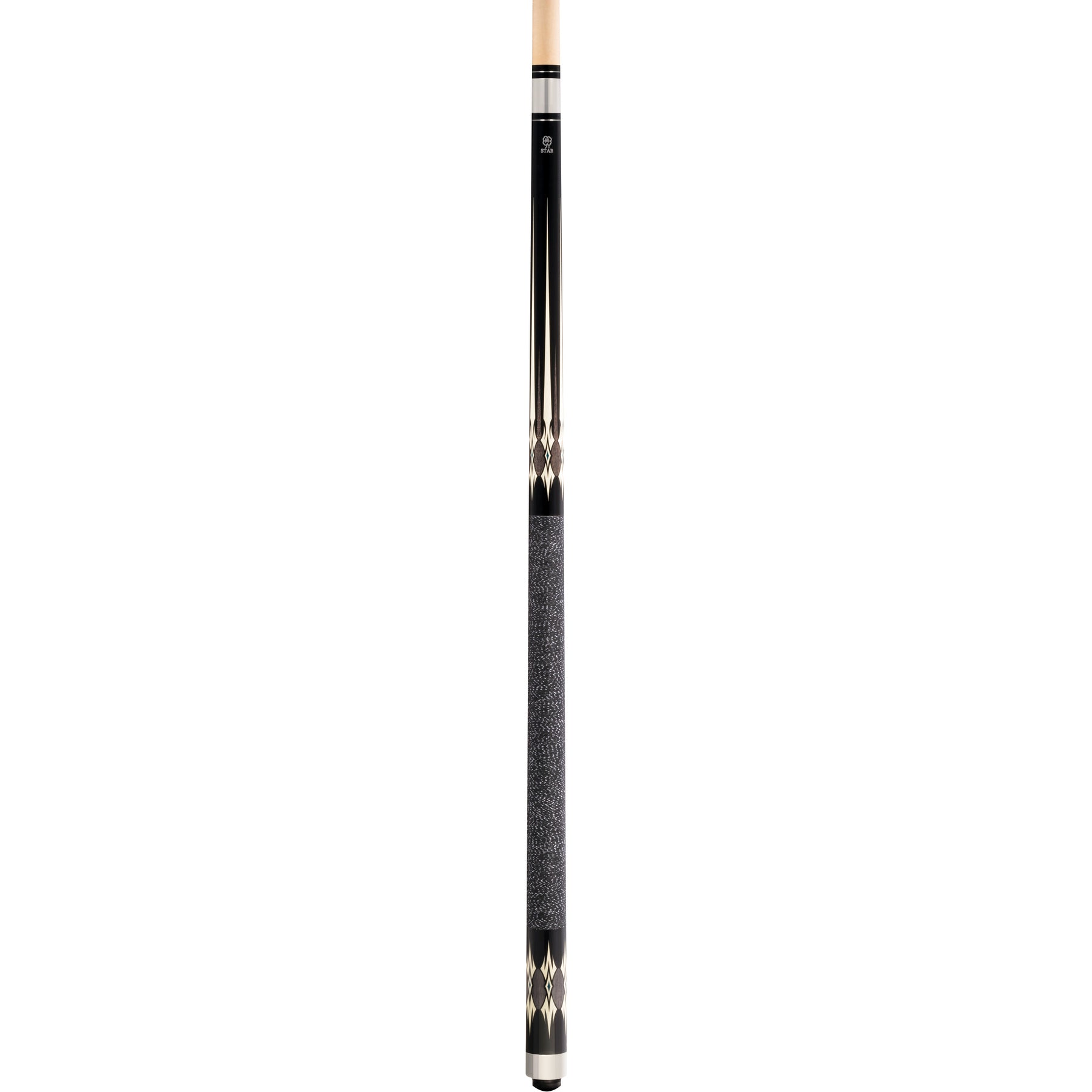 McDermott Star S51 pool cue showing cream, black, and dark wood-tone overlay points above the Irish linen wrap.
