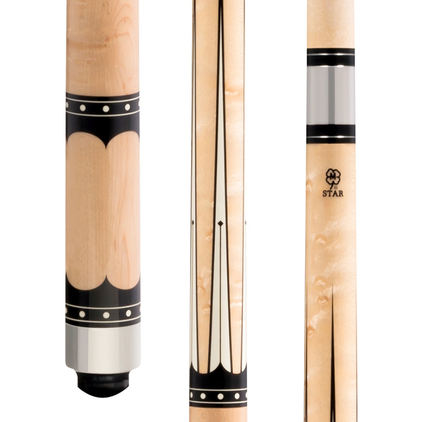 Star S58 pool cue butt, shaft, and joint detail with overlay design. STAR-S