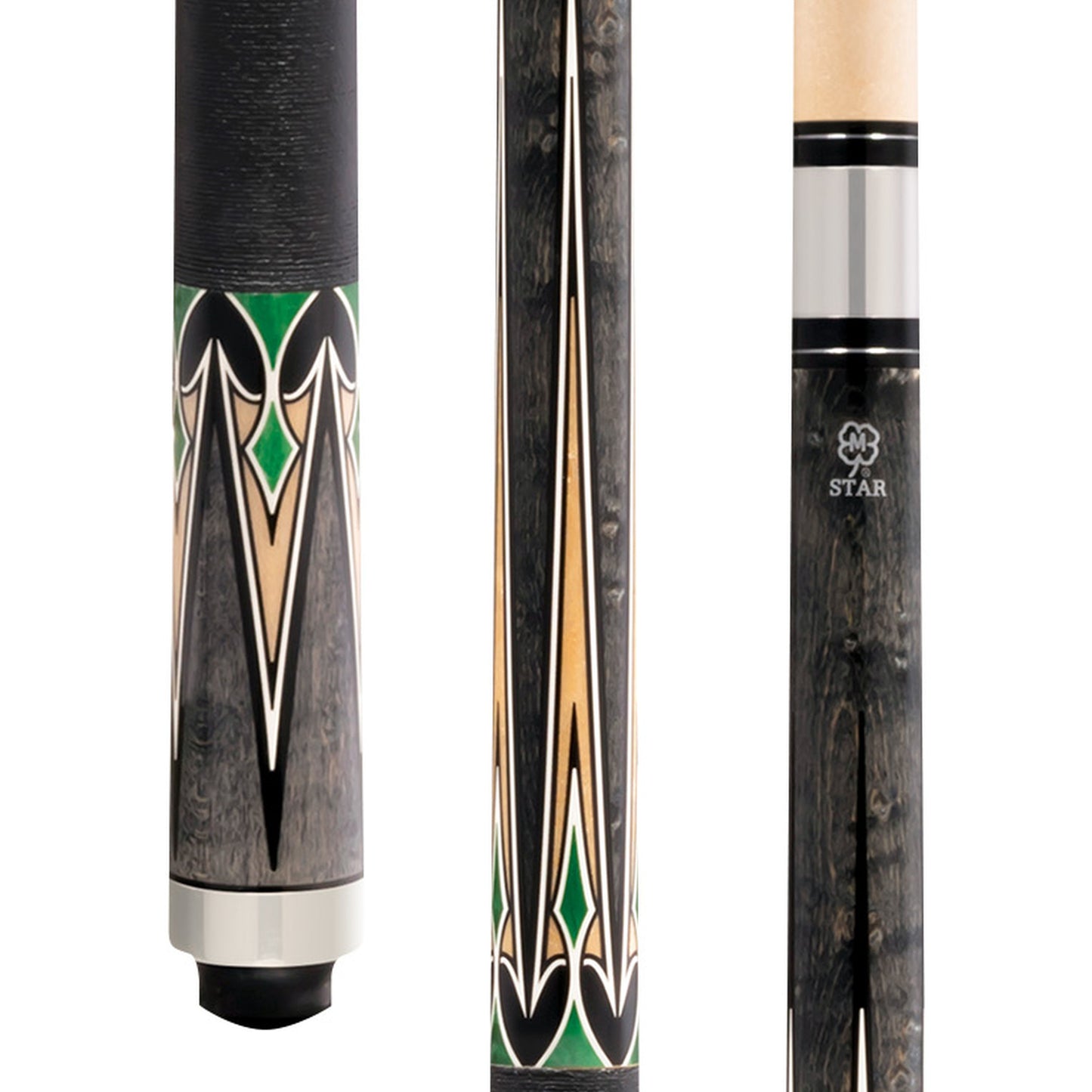 Star S59 pool cue butt with grey stain, Irish linen wrap, and inlay design.