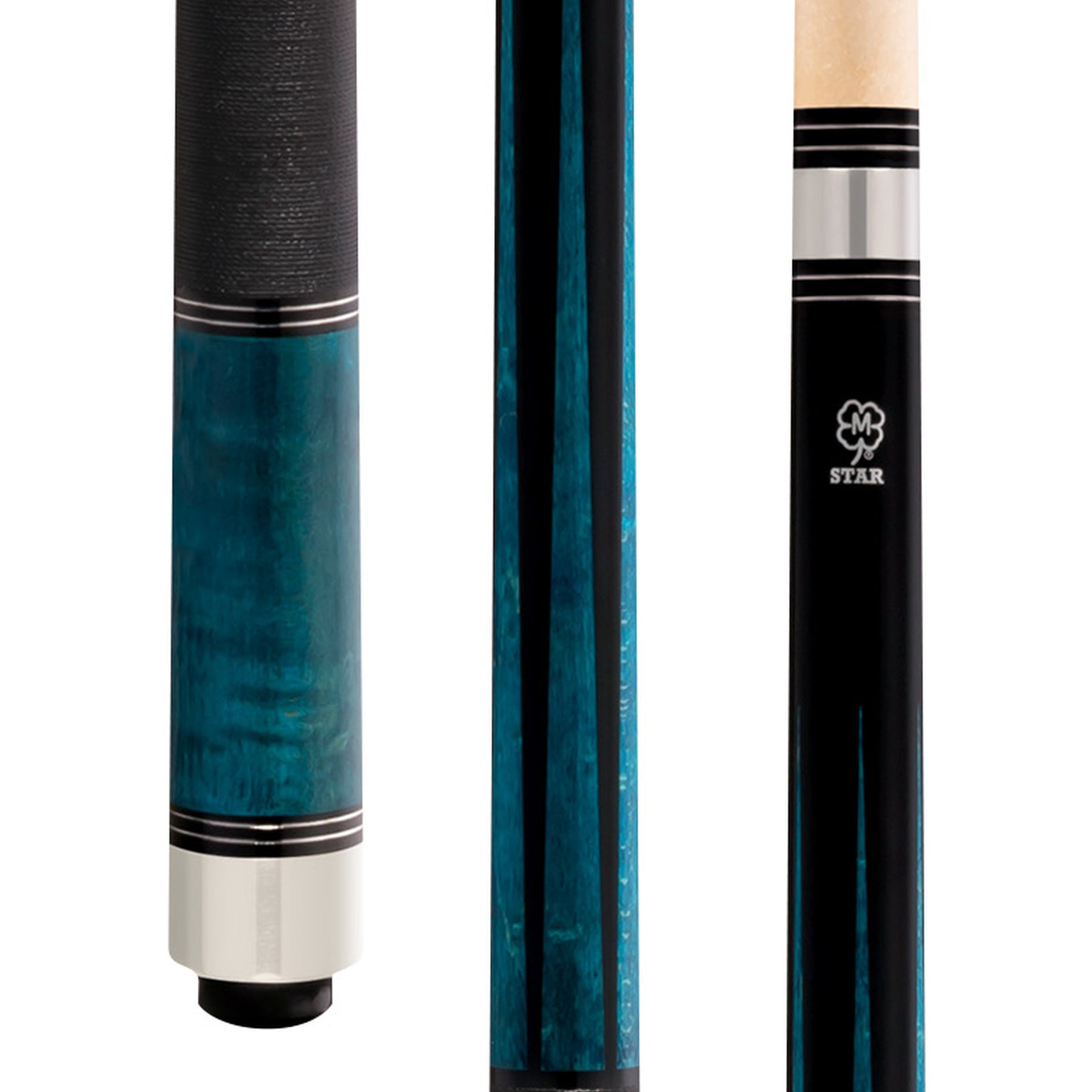 McDermott Star S74 pool cue with blue stained birdseye maple points and sleeve, Irish linen wrap, and a hard rock maple shaft.