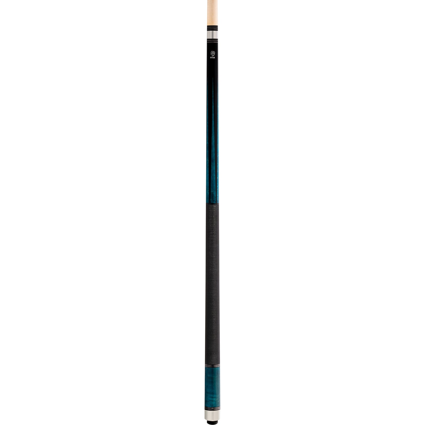 Close-up of the McDermott Star S74 pool cue's blue stained birdseye maple and Irish linen wrap, showing the stainless steel 3/8x10 joint.