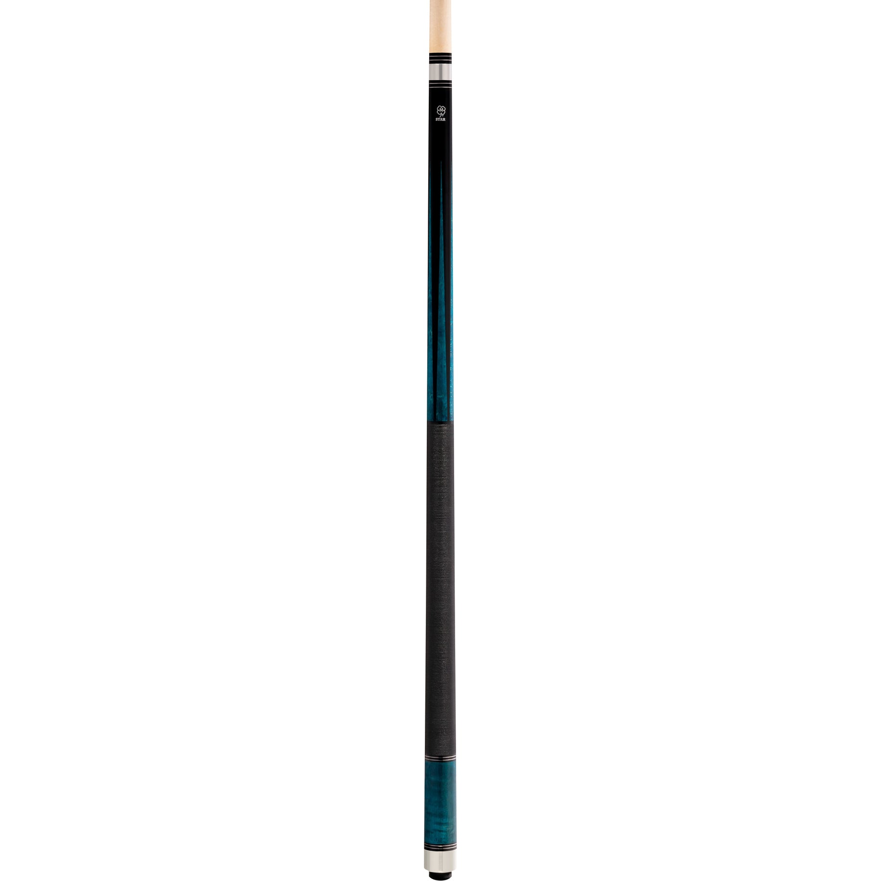 Close-up of the McDermott Star S74 pool cue's blue stained birdseye maple and Irish linen wrap, showing the stainless steel 3/8x10 joint.