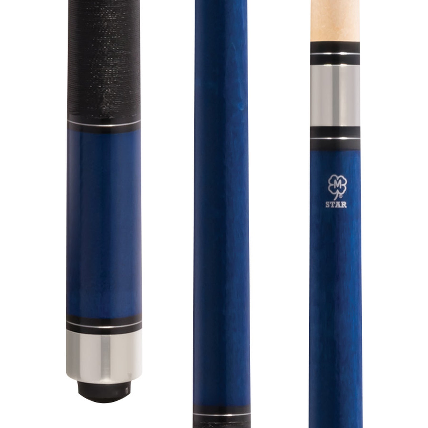 McDermott Star S78 pool cue with blue stained maple design, Irish linen wrap, and simple silver rings.