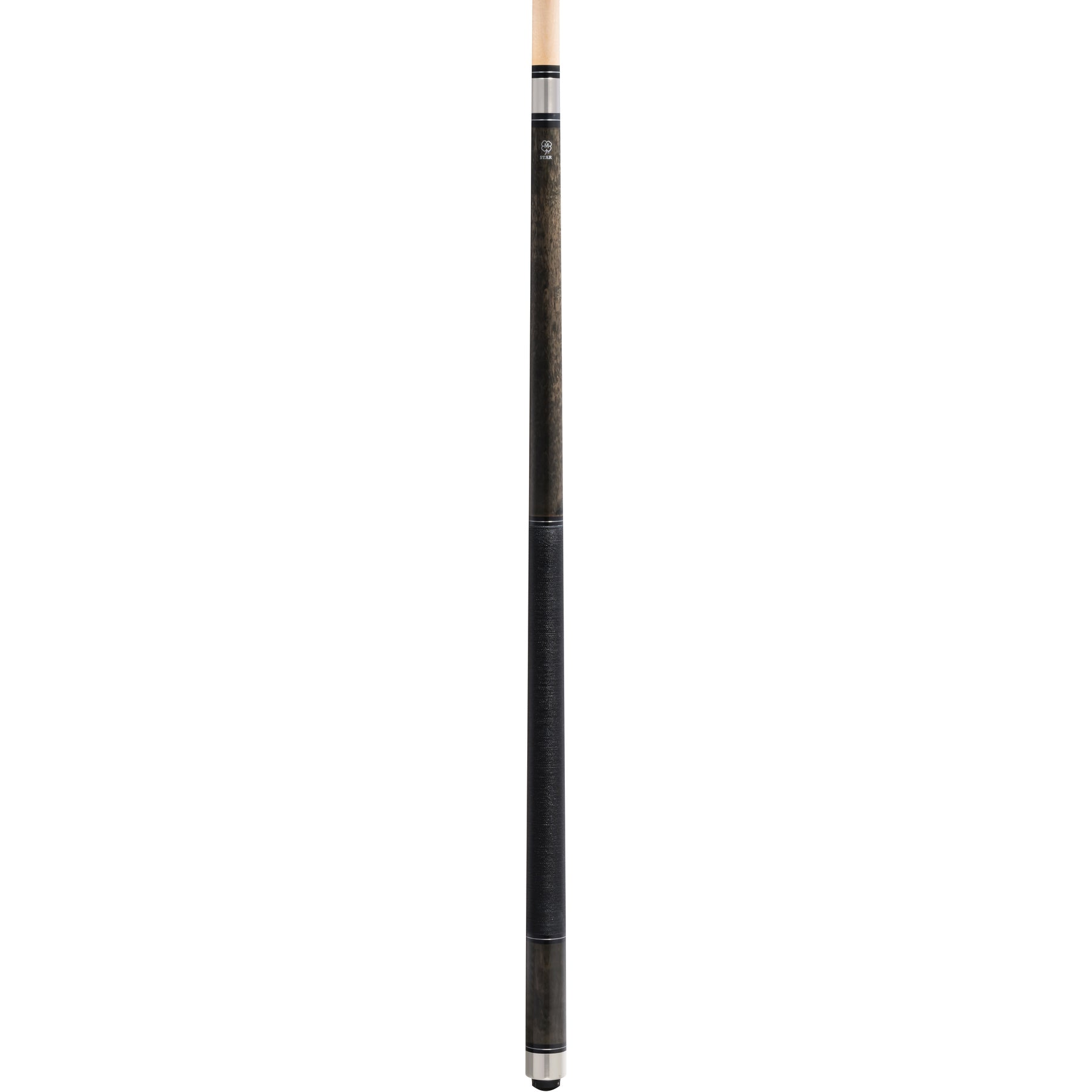 Detailed view of the McDermott Star S79 pool cue showing the grey stained maple, silver ringwork, Irish linen wrap, and stainless steel joint collar.