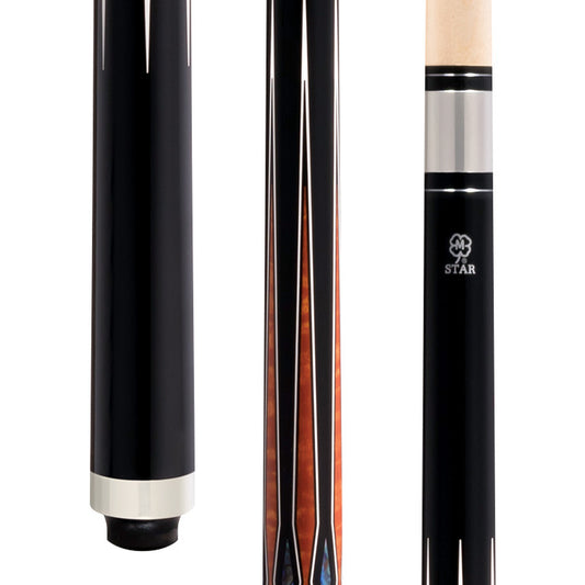 Star S82 pool cue with black overlay handle and decorative graphic design.