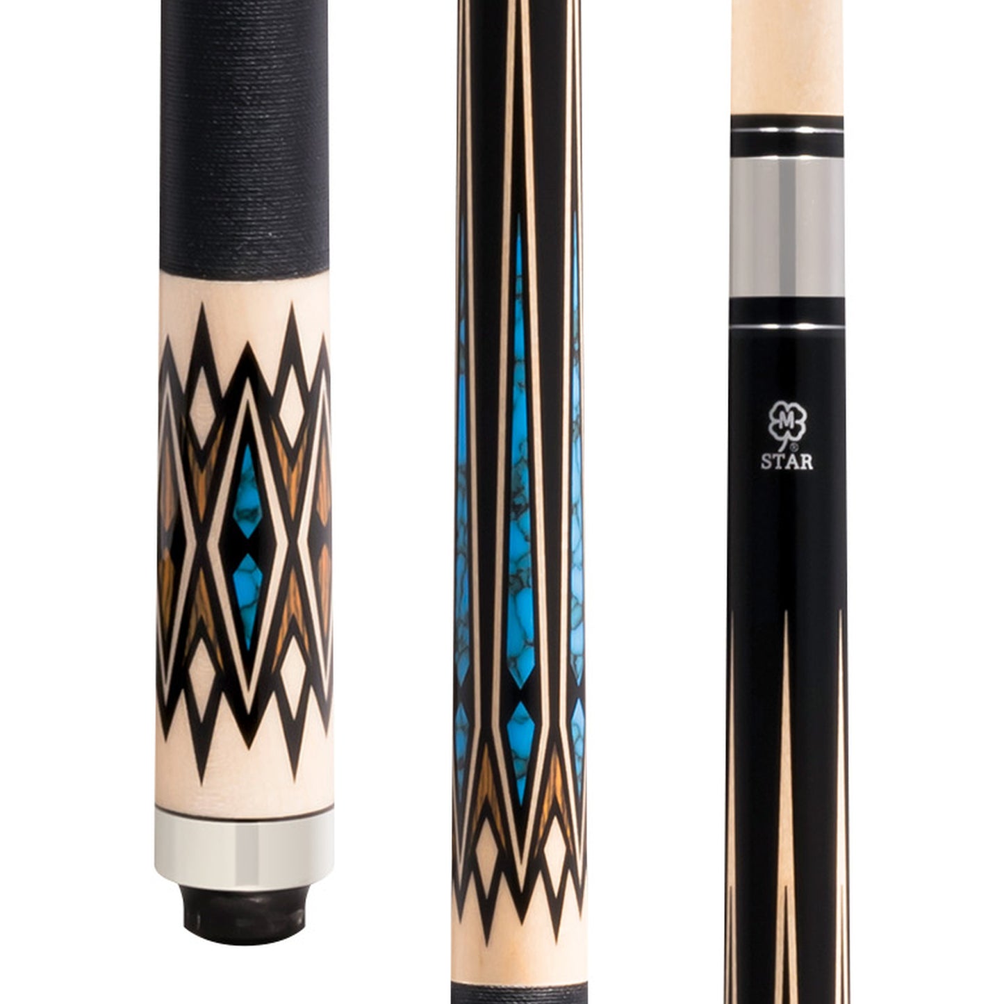 McDermott Star S83 pool cue with natural maple, geometric black and maple-toned overlay points, turquoise-style accents, and Irish linen wrap.