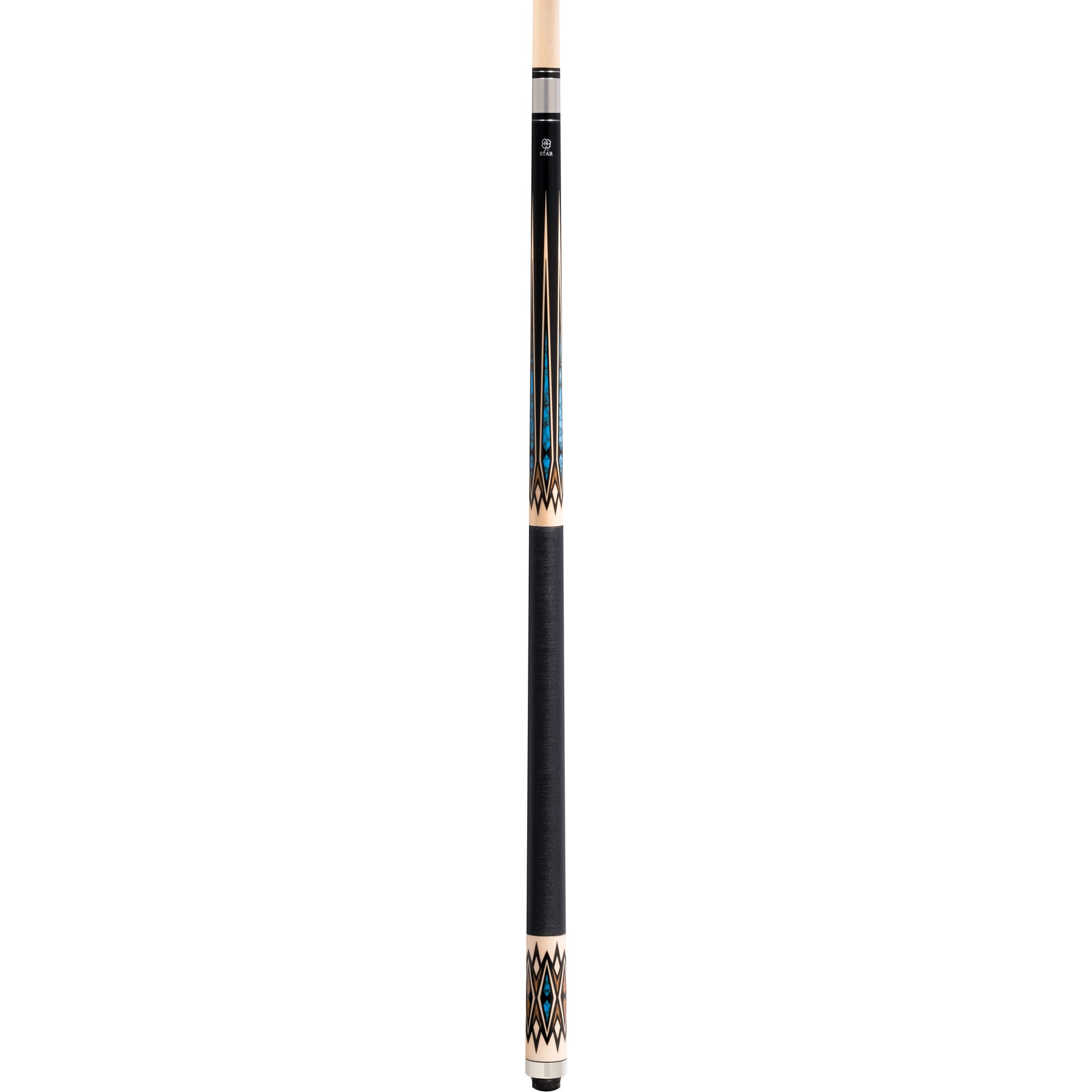 Close-up of the McDermott Star S83 pool cue mid-section, highlighting the geometric point design, turquoise-style accents, and Irish linen wrap.