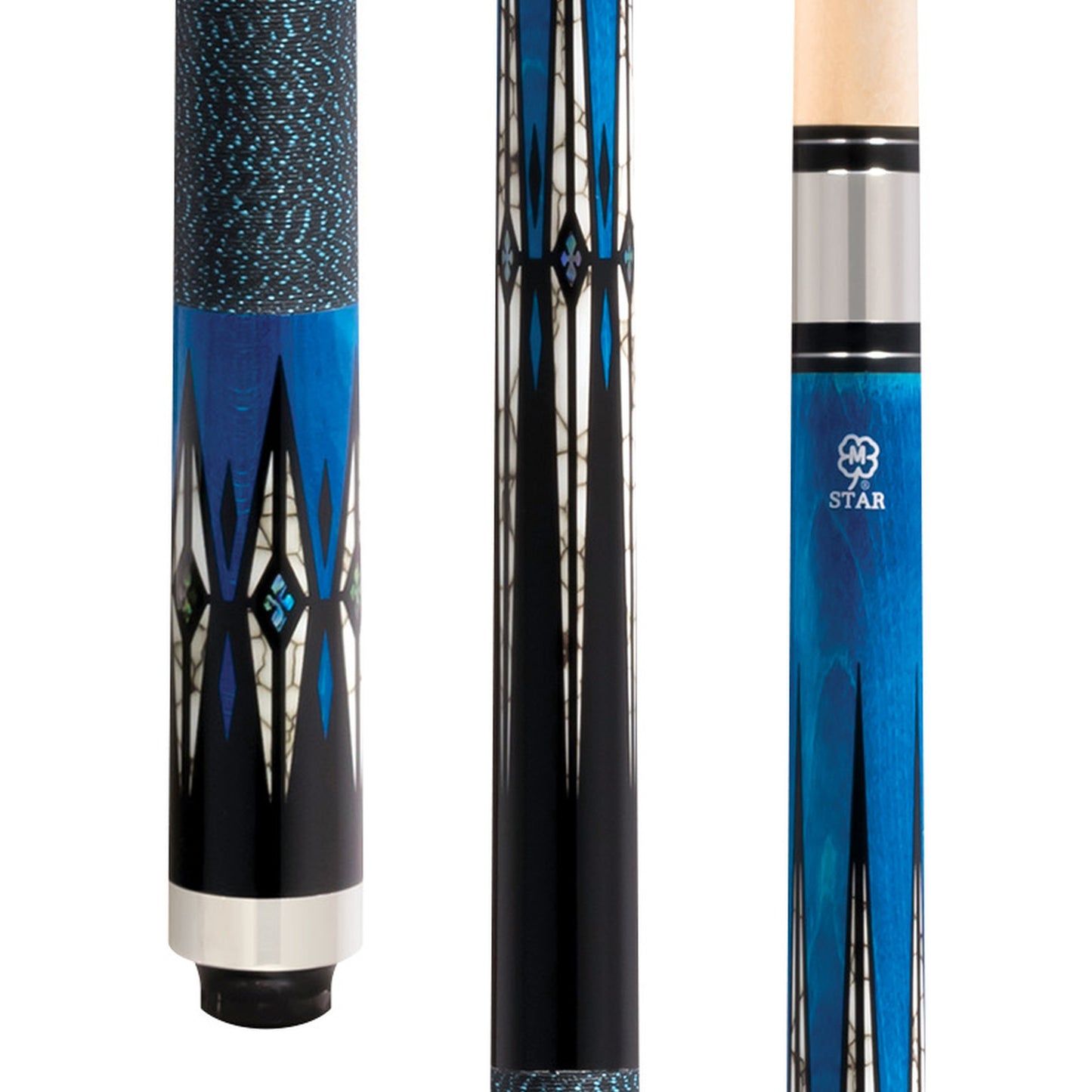 Star pool cue with blue stain, overlay points, and Irish linen wrap. STAR-S
