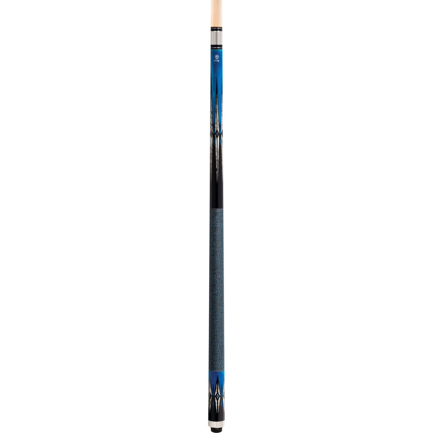 Full view of the McDermott pool cue showing its blue and black design.
