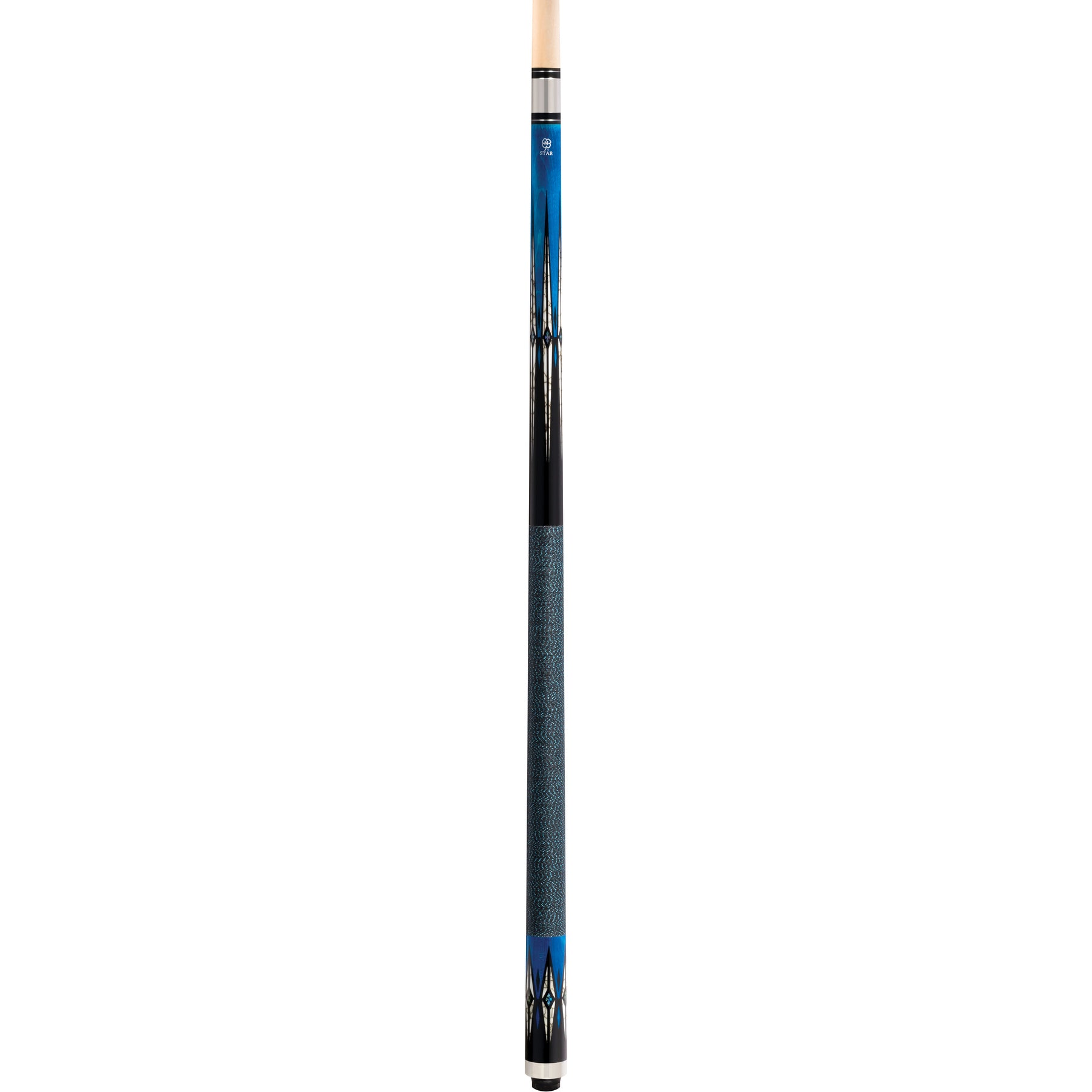 Full view of the McDermott pool cue showing its blue and black design.